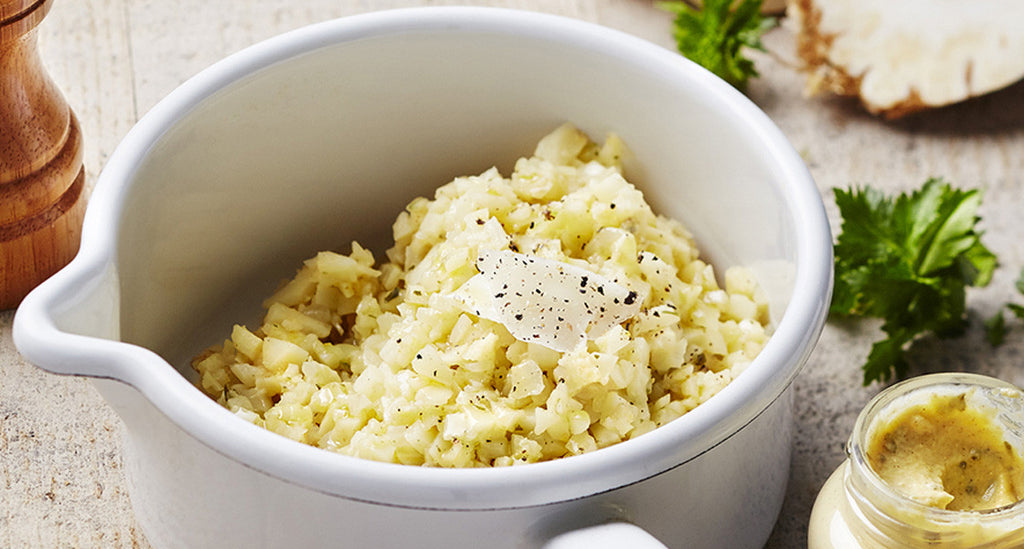 Celeriac Risotto and Parmesan and Basil Mustard