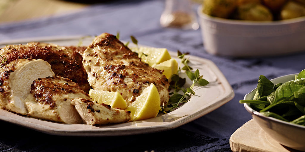 Marinated Chicken Breasts in Maille with Spring Onion and Spinach Salad