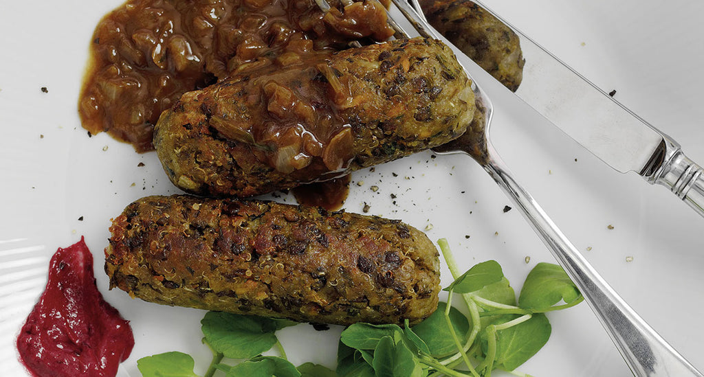 Lentil, quinoa and sweet potato sausages