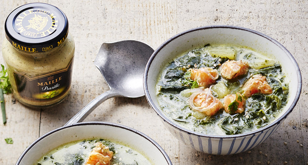 Spinach Soup with Salmon and Basil Mustard