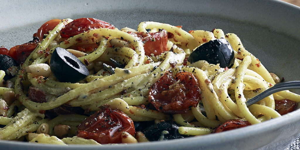 Spaghetti with black olive, cherry tomato and Black Truffle and Chablis Mustard